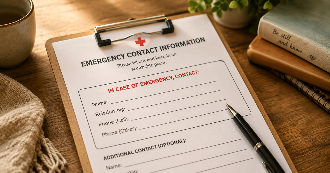 Emergency contact form on a clipboard with a blank “In Case of Emergency, Contact” section.