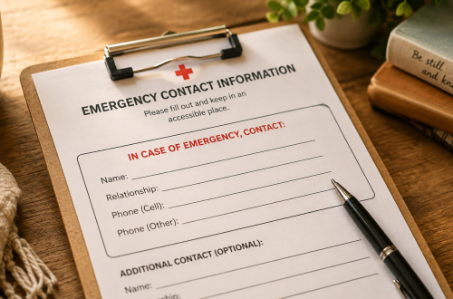 Emergency contact form on a clipboard with a blank “In Case of Emergency, Contact” section.