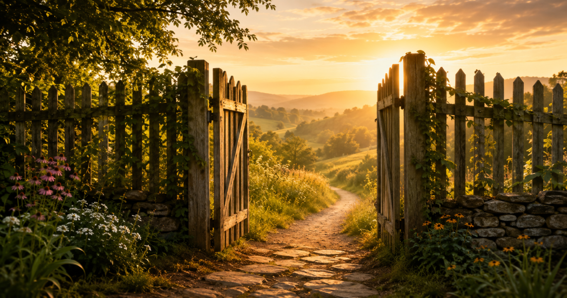 pen wooden gate leading to a sunlit path through the countryside, symbolizing stepping beyond the comfort zone.
