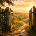 pen wooden gate leading to a sunlit path through the countryside, symbolizing stepping beyond the comfort zone.