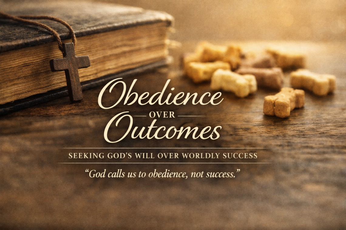 Obedience over Outcomes with a photo of a Bible with dog treats