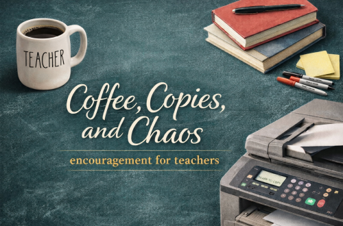 Rae Dunn Teacher Mug of Coffee with books and a copier
