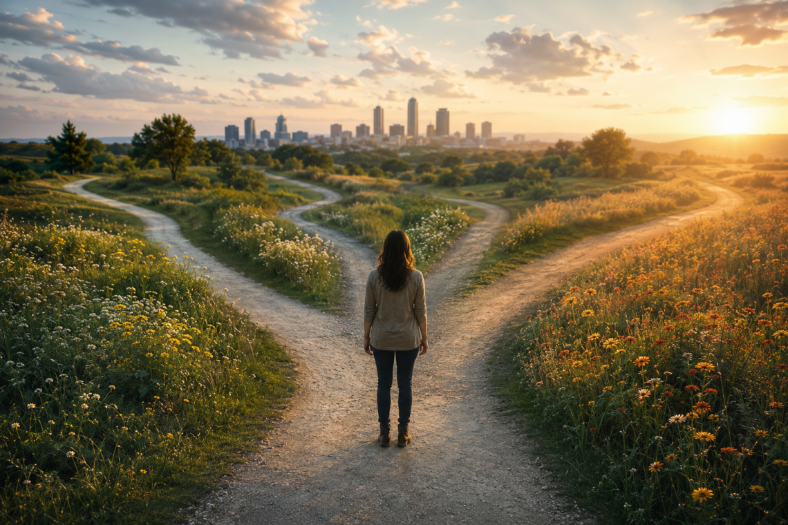Woman standing at a fork in several winding paths, reflecting the choice between what we can do and what we should do.