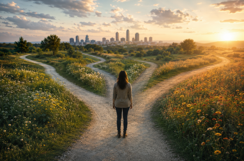 Woman standing at a fork in several winding paths, reflecting the choice between what we can do and what we should do.