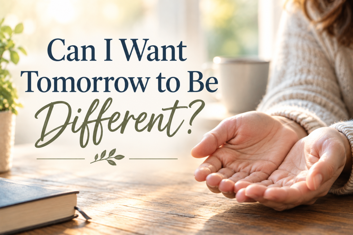 Open hands resting on a table in warm sunlight beside the words “Can I Want Tomorrow to Be Different?”