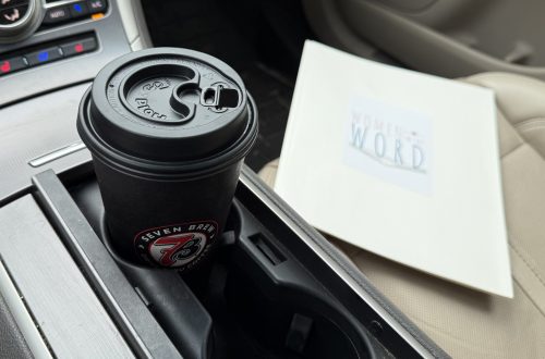 scene inside car with a coffee cup and a folder