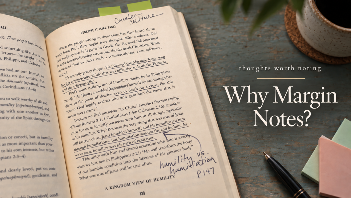 Open book with highlighted and underlined passages, handwritten notes, arrows, and annotations in the margins.