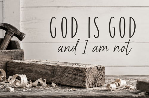 Black-and-white devotional graphic featuring a simple piece of wood with the words God is God and I am not.”