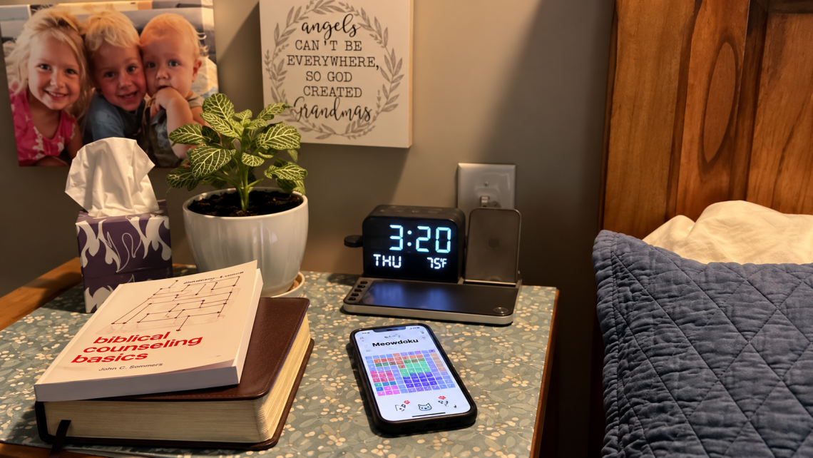 Bedside table at 3:20 a.m. with a Bible, biblical counseling book, and phone displaying a Meowdoku puzzle beside the bed.