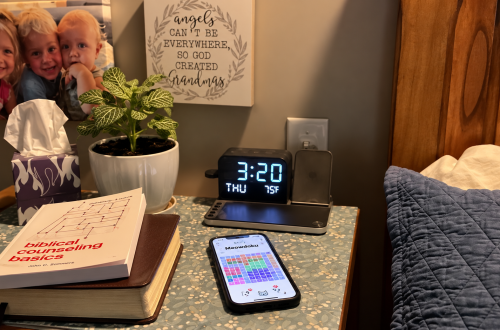 Bedside table at 3:20 a.m. with a Bible, biblical counseling book, and phone displaying a Meowdoku puzzle beside the bed.