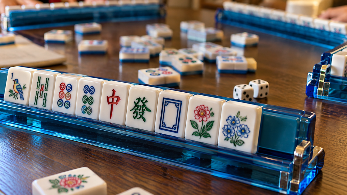 Close-up of American mah-jongg tiles arranged on a blue rack, with dice, discarded tiles, and other players’ racks visible on a wooden table.