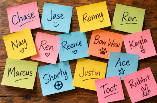 Colorful sticky notes scattered across a wooden surface, each featuring a different nickname, including Chase, Jase, Ronny, Ron, Nay, Ren, Reenie, Bow Wow, Kayla, Marcus, Shorty, Justin, Ace, Rabbit, and Toot.