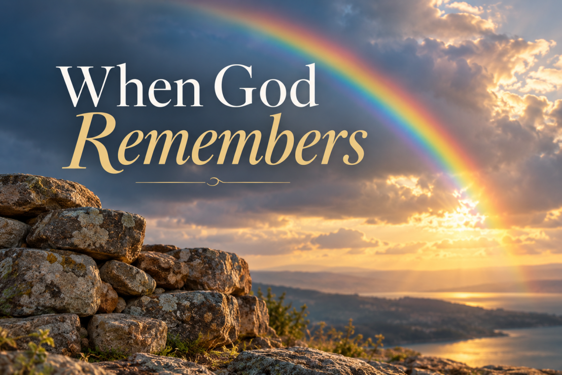Rainbow stretching across a stormy sky above a stone wall, illustrating God’s faithfulness and the tangible reminders He gives us to remember His promises.