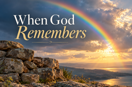 Rainbow stretching across a stormy sky above a stone wall, illustrating God’s faithfulness and the tangible reminders He gives us to remember His promises.