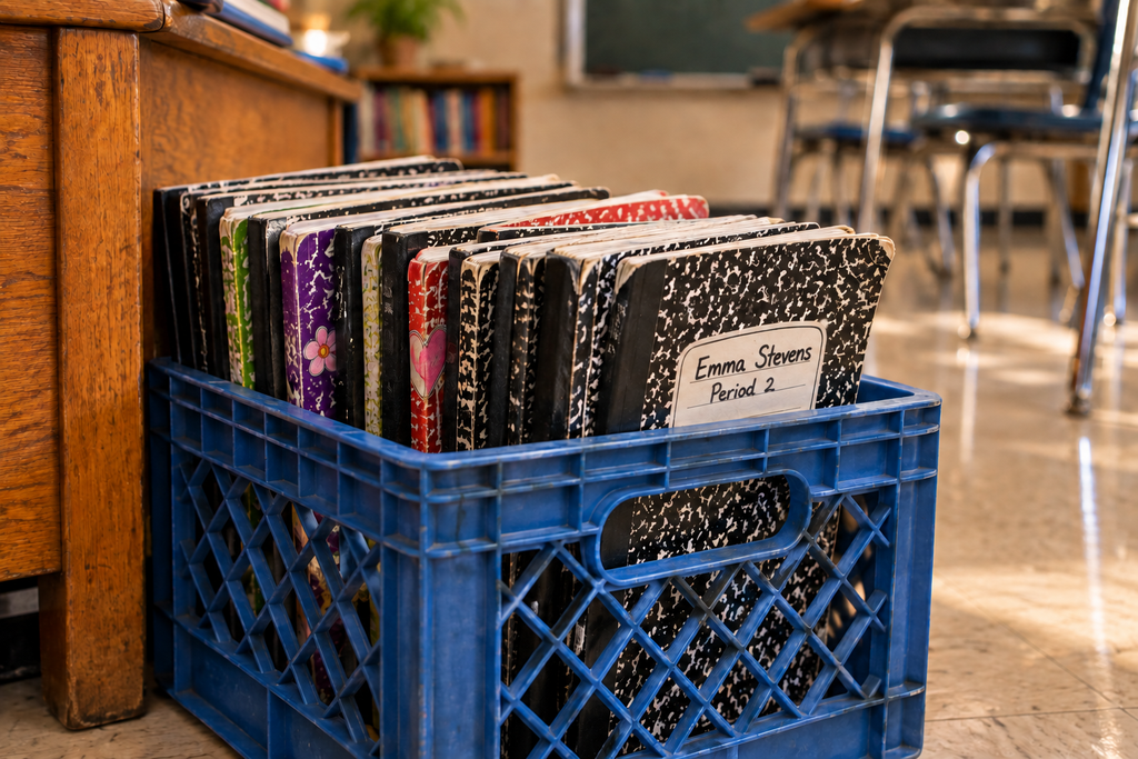 Blue milk crate filled with well-used composition notebooks in a high school classroom, including one labeled “Emma Stevens, Period 2.”